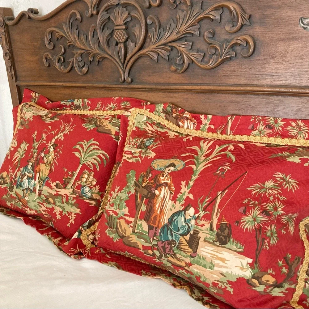 Custom Made Vintage Wesley Mancini Asian Toile Singerie fabric Pillow Shams - Picture 7 of 16